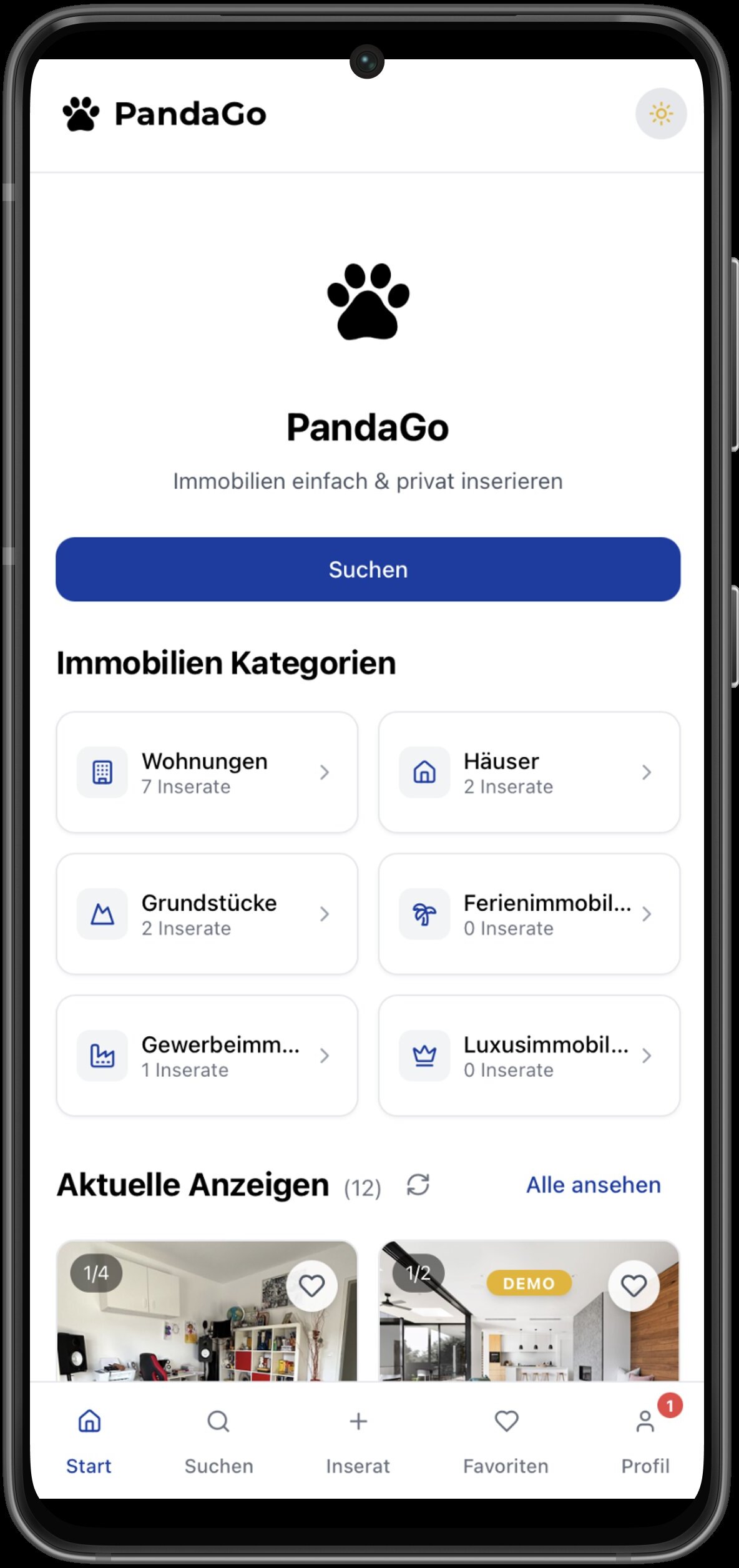 PandaGo Start - Kategorien & Aktuelle Anzeigen