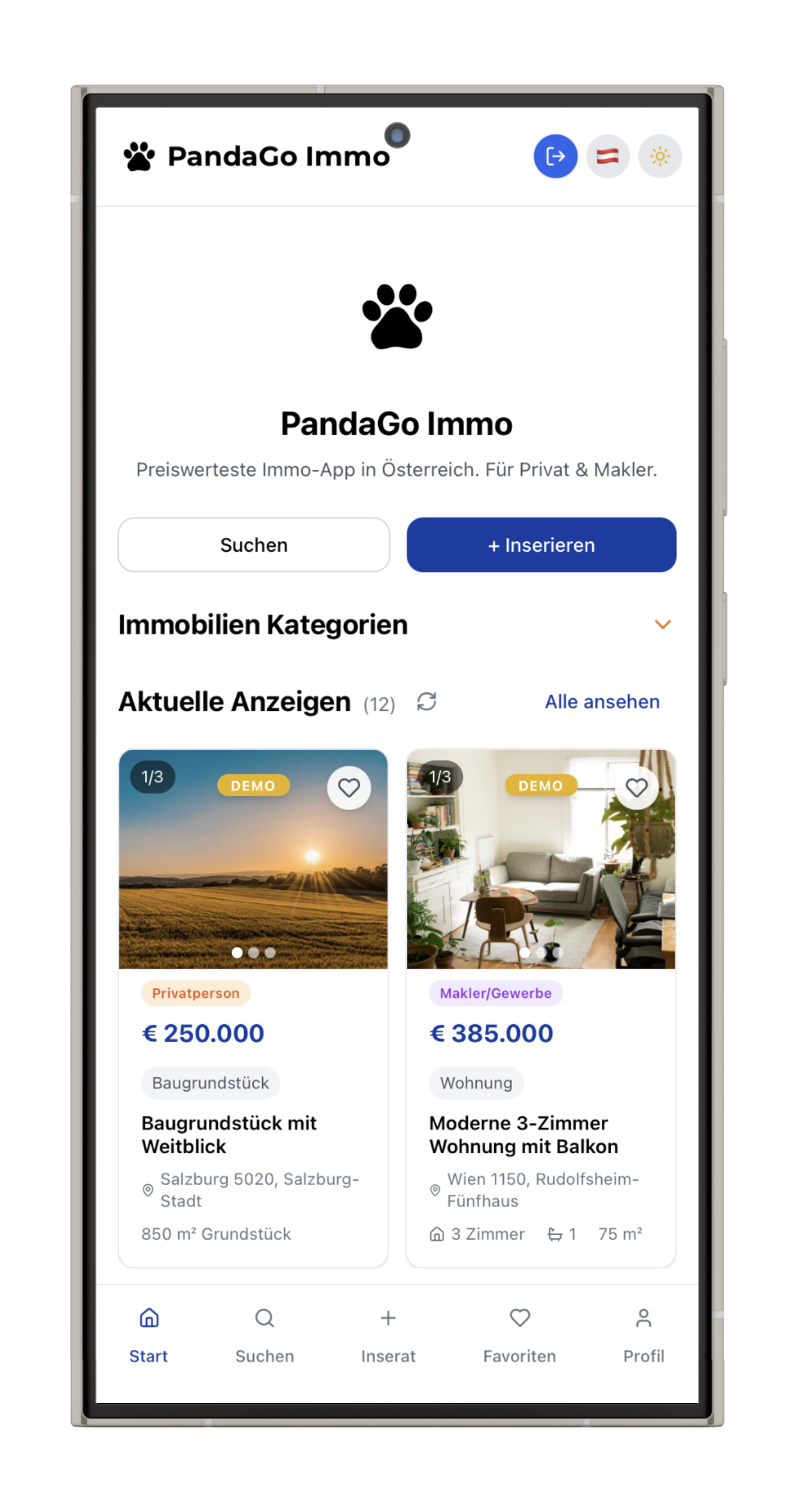 PandaGo Start - Kategorien & Aktuelle Anzeigen